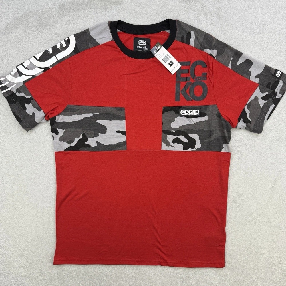 Ecko Unltd Shirt Mens Red Camo Patchwork Graphic T Shirt Streetwear Small